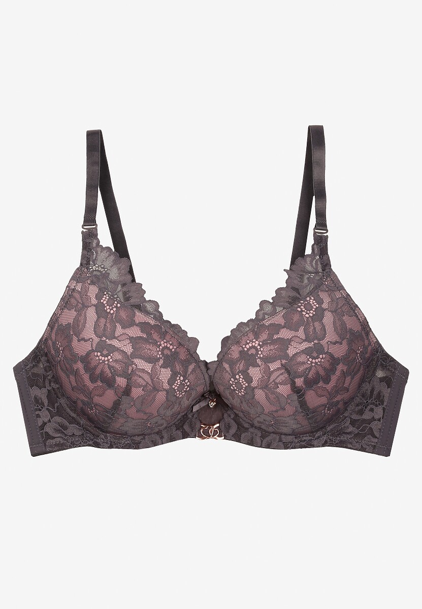 Szaro-Różowy Koronkowy Biustonosz Ozdobiony Metaliczną Aplikacją Mirzedi