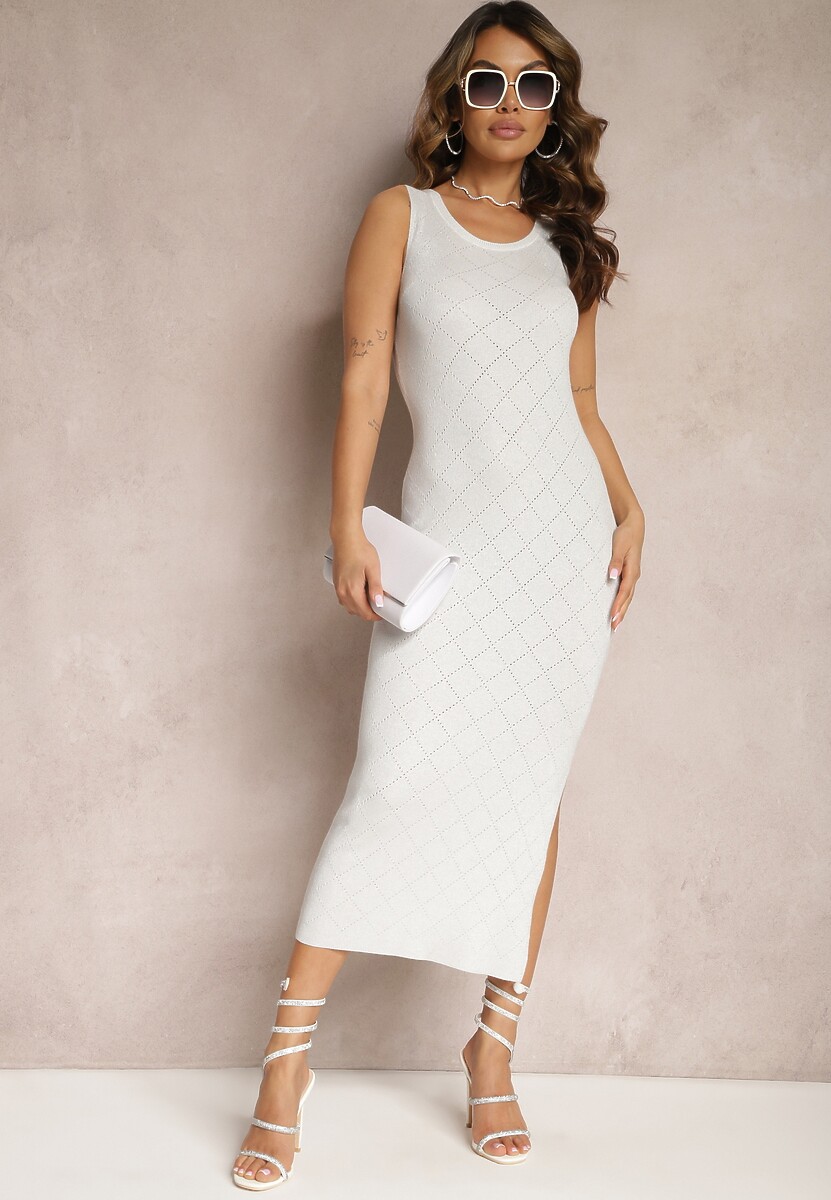 Biała Sukienka z Błyszczącym Wzorem w Romby o Fasonie Bodycon Bez Rękawów Matella