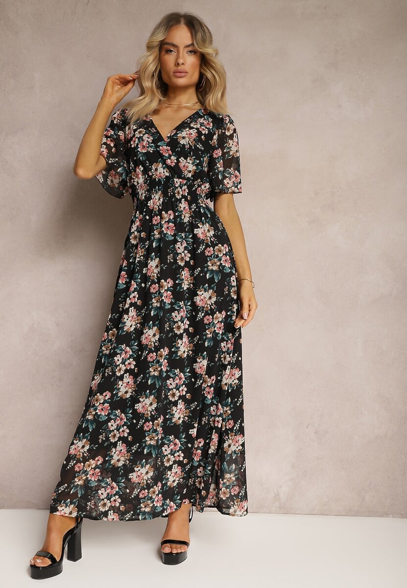 Czarna Sukienka z Wiązaniem na Plecach z Krótkim Rękawem i Metaliczną Nicią Mleada