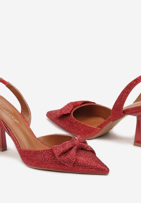 Czerwone Czółenka Wykończone Brokatem i Kokardą bez Pięty Deramla