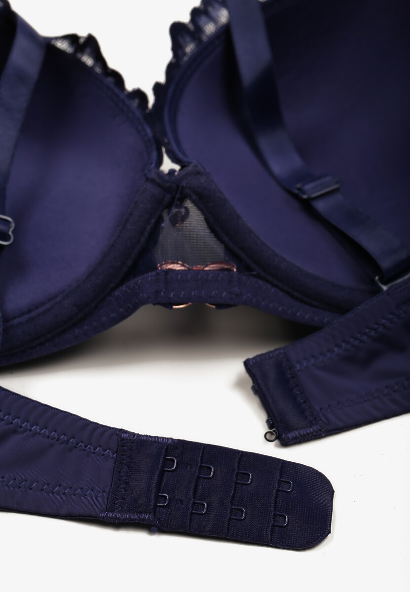 Granatowy Koronkowy Biustonosz Ozdobiony Metaliczną Aplikacją Mirzedi