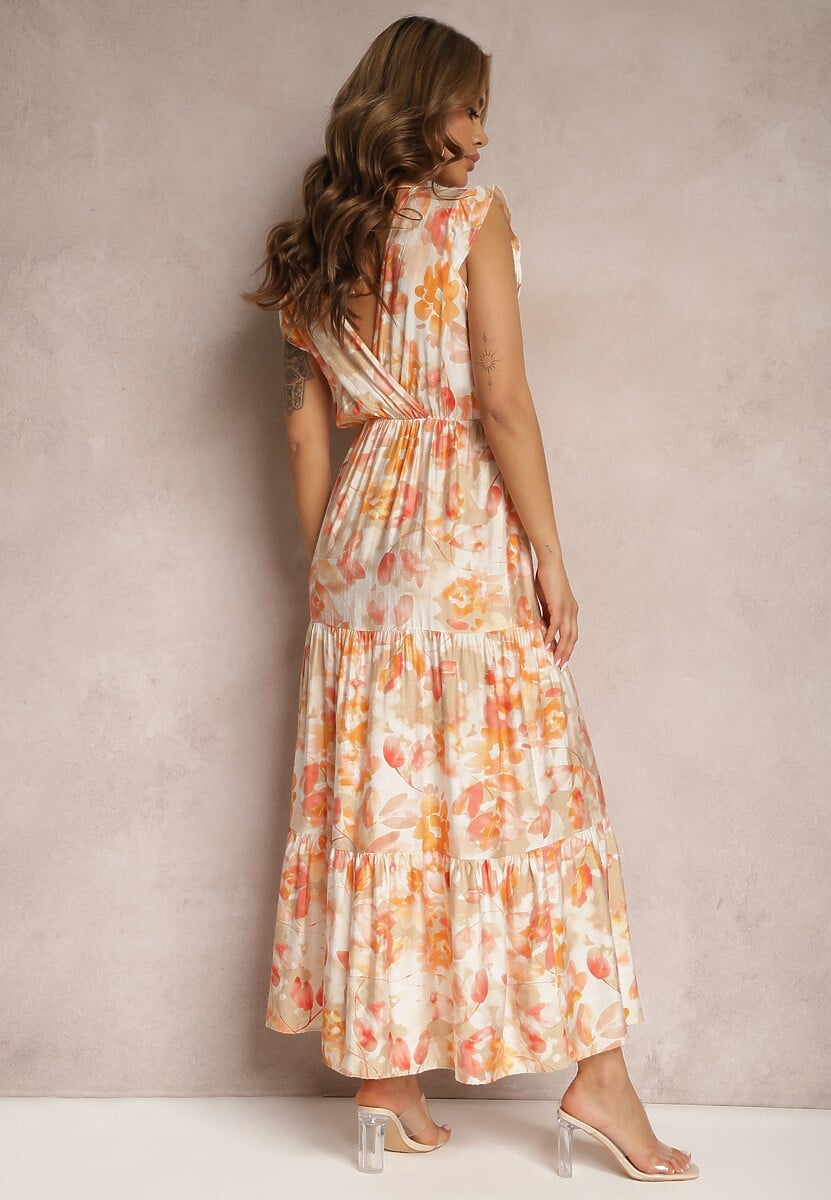 Beżowa Sukienka Wiązana z Tyłu z Trójkątnym Dekoltem i Gumką w Talii Fiolarae