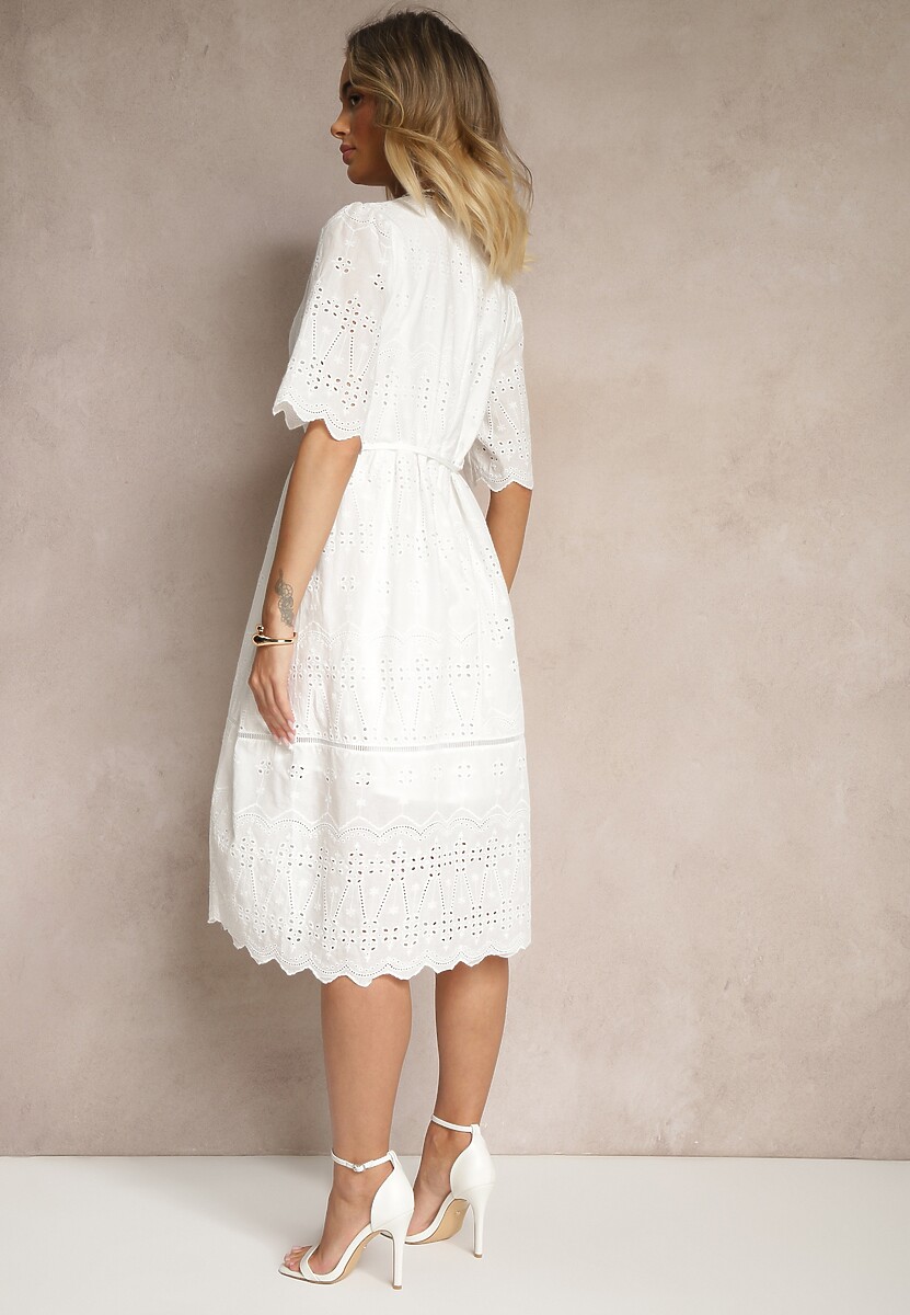 Biała Sukienka Ażurowa z Bawełny z Paskiem Nilozi