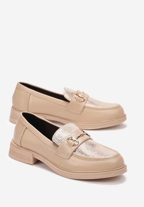 Beżowe Mokasyny z Klamerką i Brokatem Semirame