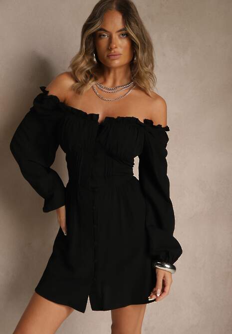 Czarna Gorsetowa Sukienka Hiszpanka Vices z Guzikami i Bufiastymi Rękawami Resena