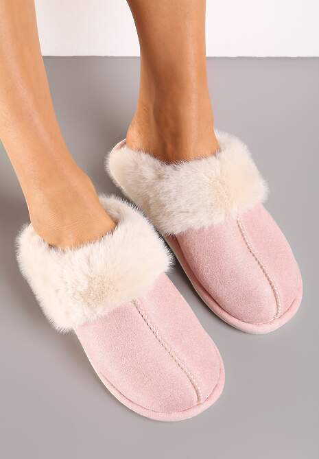 Różowe Wsuwane Kapcie Ozdobione Futerkiem i Przeszyciami Almane