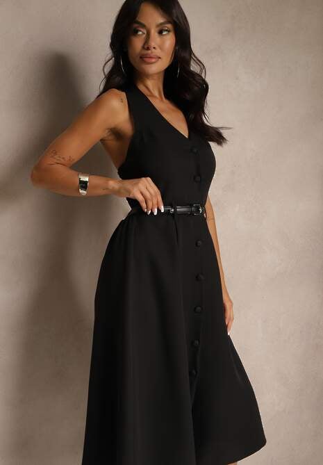 Czarna Rozkloszowana Sukienka z Guzikami Folunira