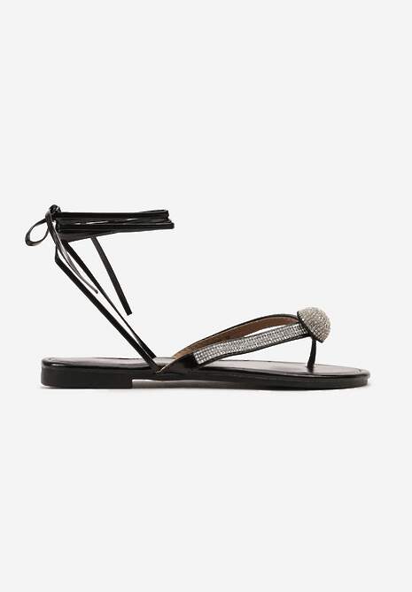 Czarne Sandały w Stylu Japonek Wiązane wokół Łydki Ozdobione Cyrkoniami Lebavie