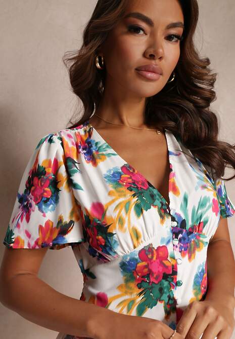 Biała Rozkloszowana Sukienka Midi z Krótkim Rękawem i Gumką w Talii Gelameda