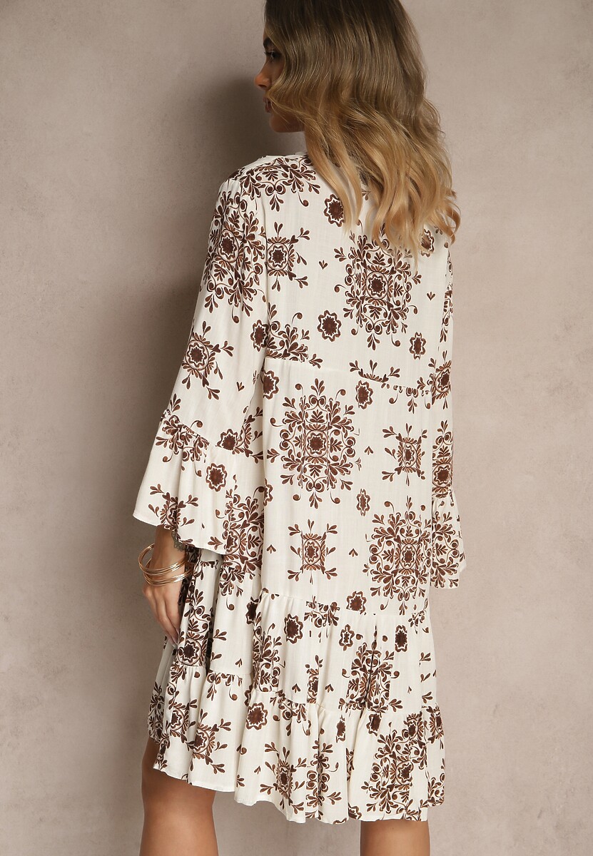 Brązowa Sukienka z Wiskozy Ozdobiona Geometrycznym Motywem Filionea