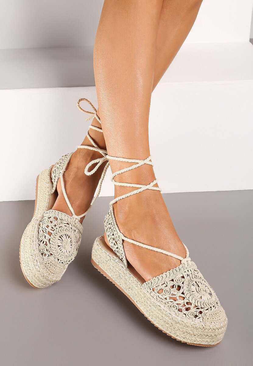 Srebrne Wiązane Espadryle Ażurowe na Plecionej Podeszwie Talea