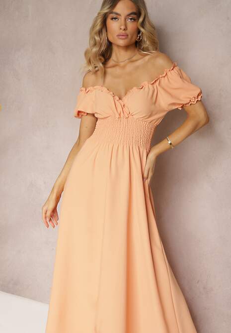 Pomarańczowa Sukienka z Wiskozy z Gumką w Talii i Kopertowym Dekoltem Rhoneri