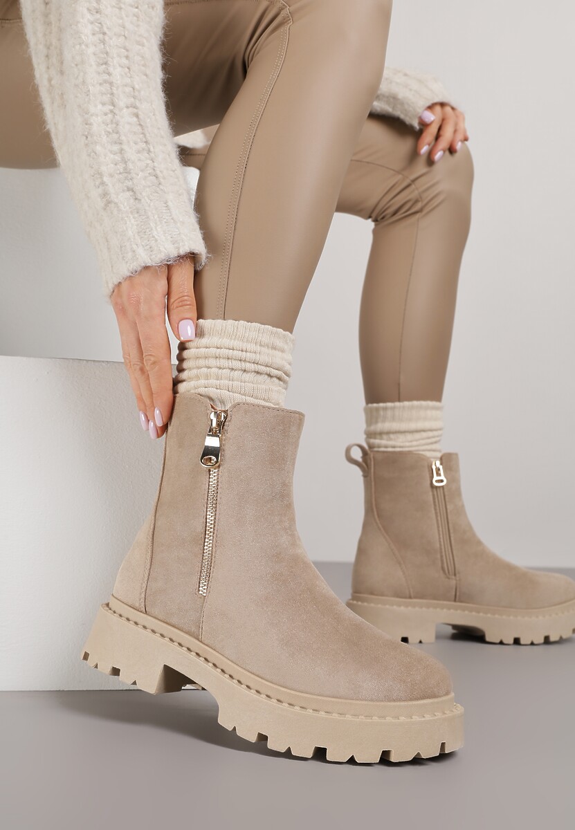 Ciemnobeżowe Płaskie Botki z Suwakiem Tinaferr