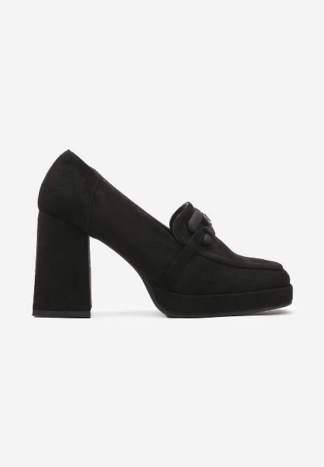 Czarne Czółenka na Wysokim Słupku z Wkładką z Naturalnej Skóry Ozdobione Metaliczną Aplikacją Nobela