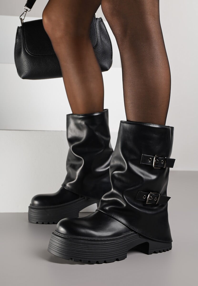 Czarne Botki Biker Vices z Wywiniętą Cholewką Platformą i Klamrami Reinila