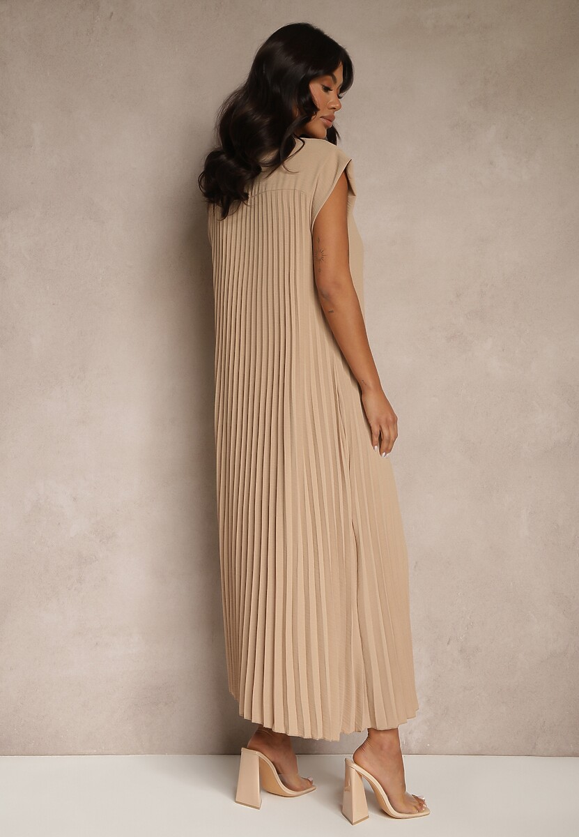 Beżowa Sukienka Ozdobiona Plisami Mavellea