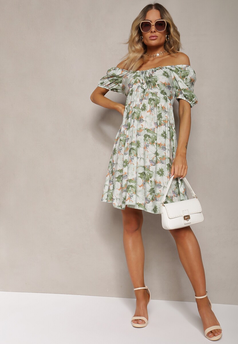 Zielono-Beżowa Sukienka z Wiązanym Dekoltem i Bufiastymi Rękawami z Gumką z Tyłu w Kwiatowy Wzór Vikolla