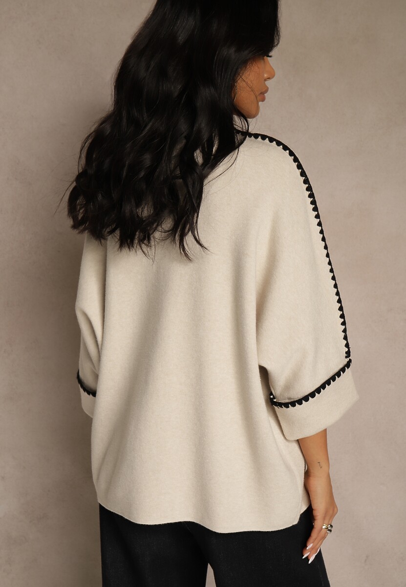 Beżowy Sweter Ozdobiony Lamówką na Rękawach Tusenna