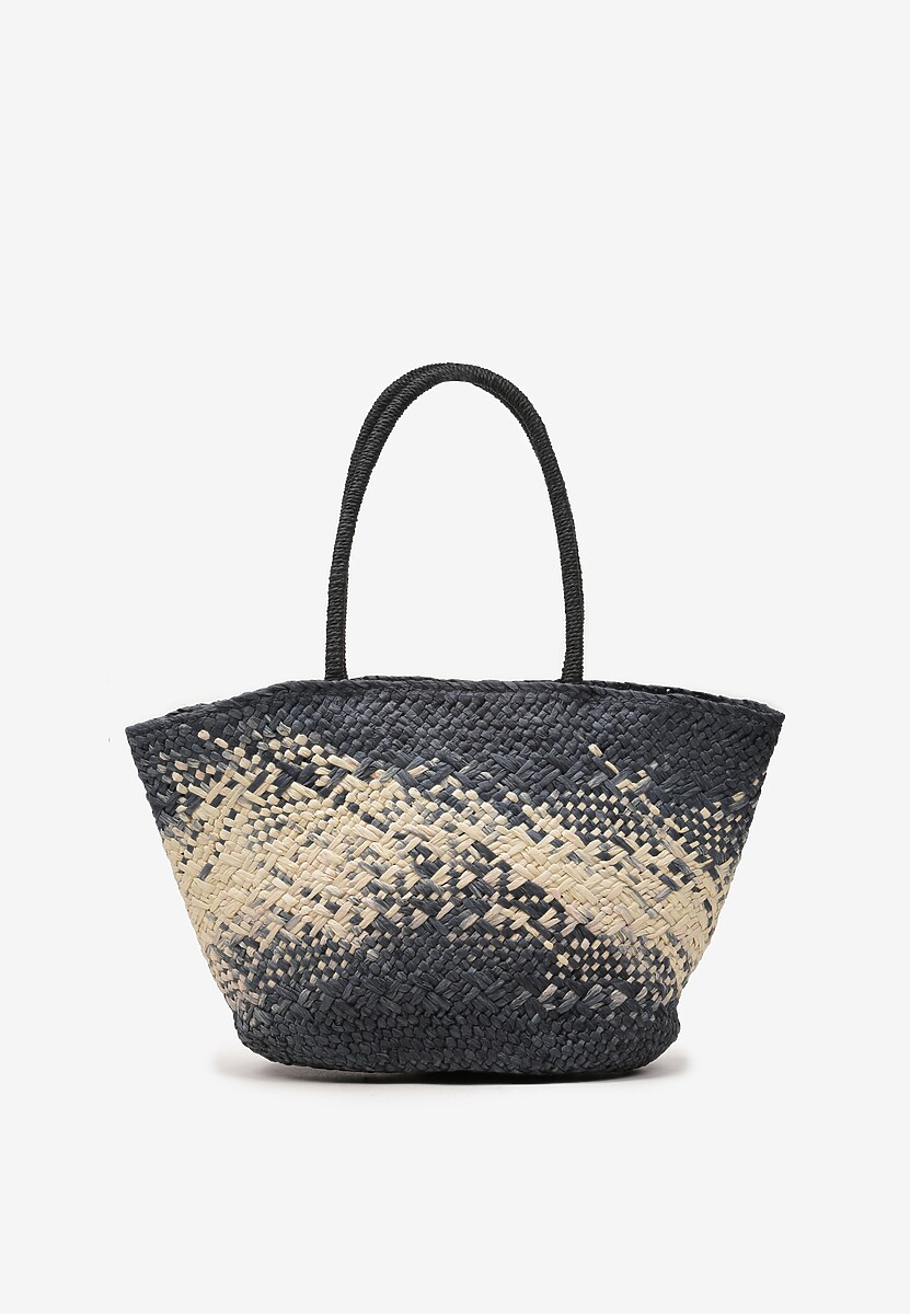 Czarno-Beżowa Duża Torebka z Plecionki w Stylu Boho Zapinana na Zamek Błyskawiczny Noico
