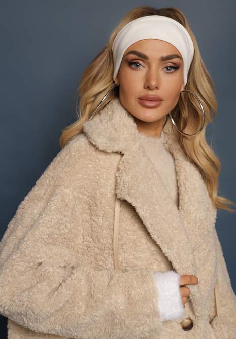 Jasnobeżowa Dwurzędowa Kurtka Futerkowy Płaszcz z Dodatkowymi Rękawiczkami Hetirra