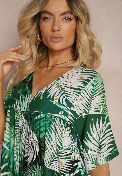 Biało-Zielona Sukienka o Rozkloszowanym Kroju z Falbanką i Trójkątnym Dekoltem Tiamaya