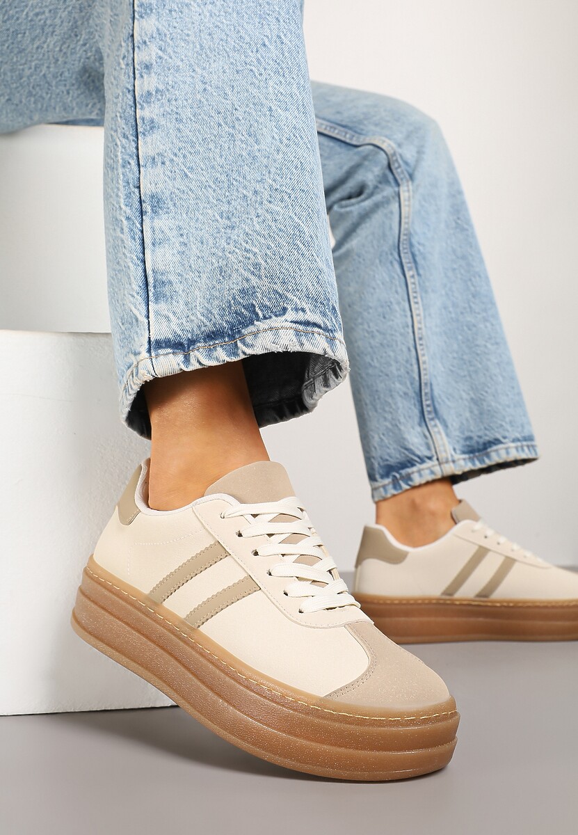 Beżowe Sneakersy na Tłoczonej Platformie Ozdobione Paskami Felainora