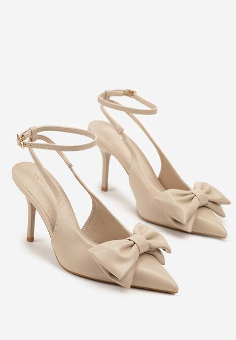 Ciemnobeżowe Sandały Vices na Szpilce Slingback Ozdobione Kokardą Tilvanea