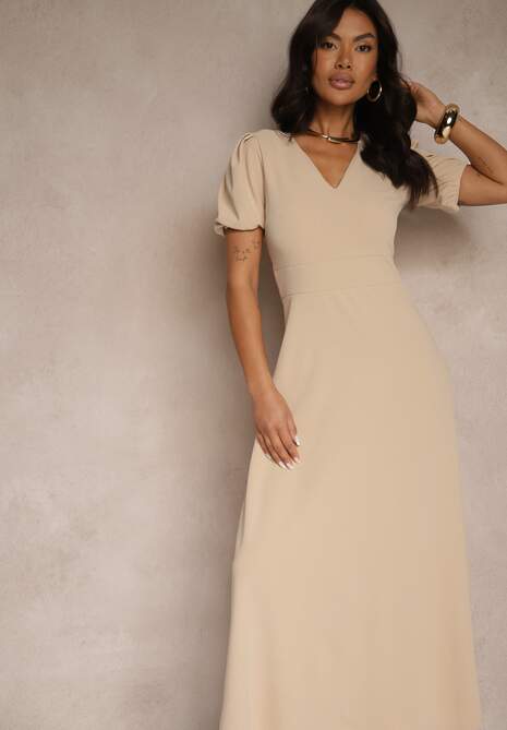 Jasnobeżowa Rozkloszowana Sukienka z Lekko Bufiastymi Rękawami i Dekoltem V Efrusae