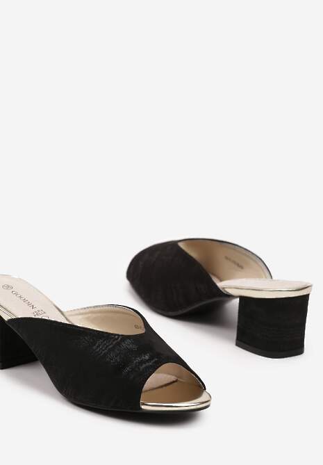 Czarne Eleganckie Klapki na Słupku Wykończone Brokatem i Skórzaną Wkładką Zonemia