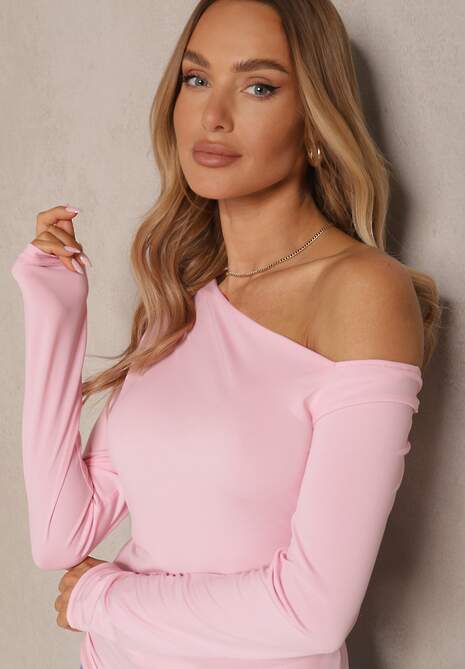 Różowa Asymetryczna Bluzka z Odkrytym Ramieniem Ninavena