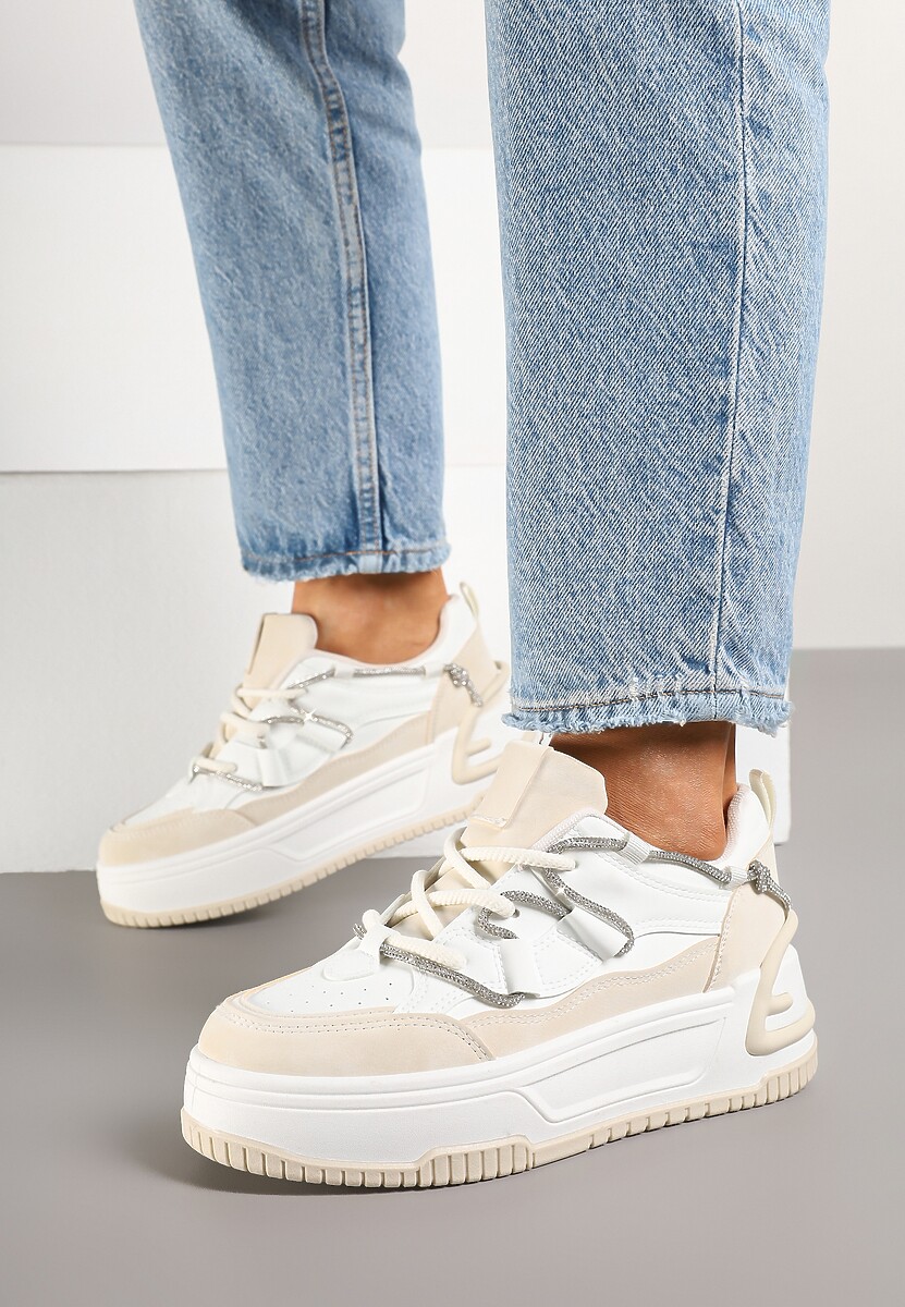 Biało-Beżowe Sneakersy na Platformie z Paskiem z Cyrkonii Aneolin