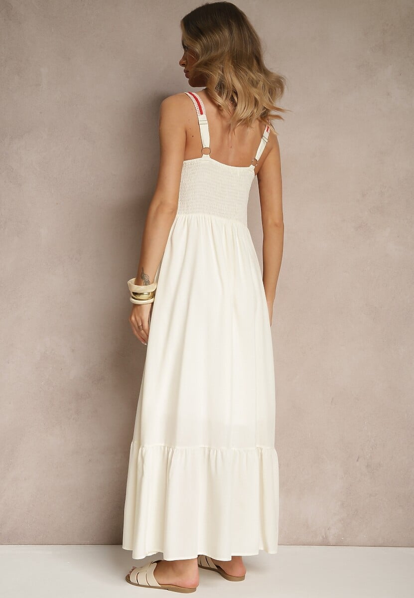 Beżowa Wiskozowa Sukienka z Haftami na Ramiączkach o Rozkloszowanym Kroju Efralisse