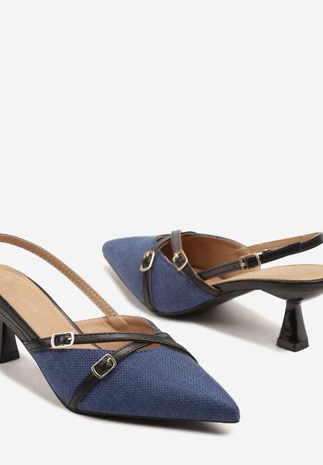 Niebiesko-Czarne Sandały Czółenka na Kaczuszce z Noskiem w Szpic i Odkrytą Piętą z Klamerką Arivissa