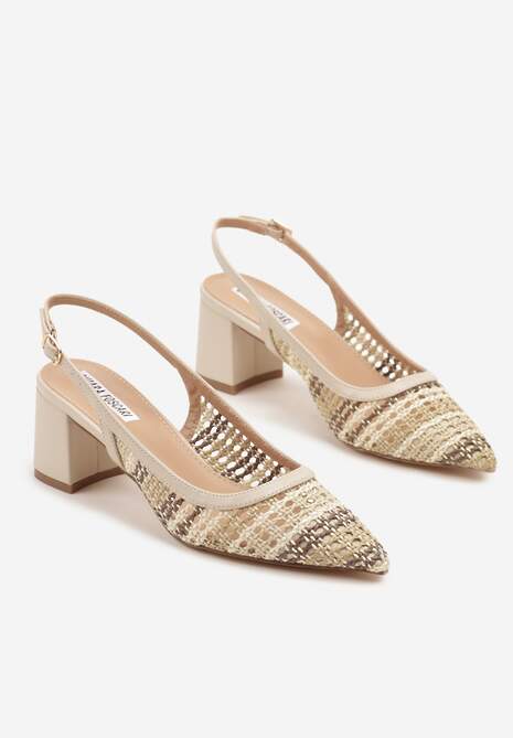 Beżowe Sandały na Słupku Slingback Ozdobione Szydełkową Cholewką Novilissea