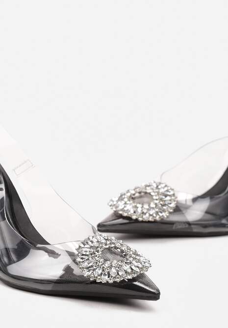 Czarne Czółenka z Odkrytą Piętą i Transparentną Cholewką oraz Cyrkoniami Navieria