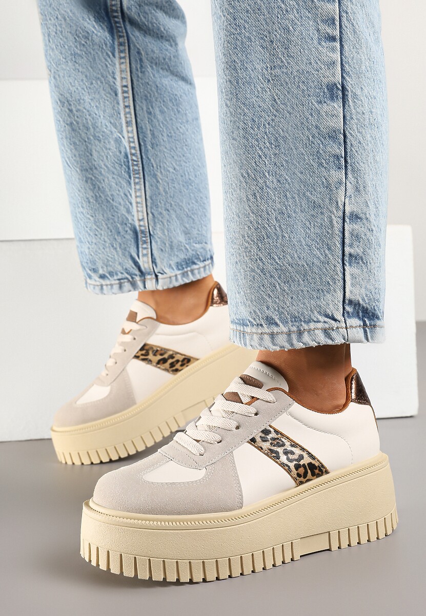 Beżowo-Panterkowe Sneakersy na Platformie Ozdobione Paskiem Vivesse