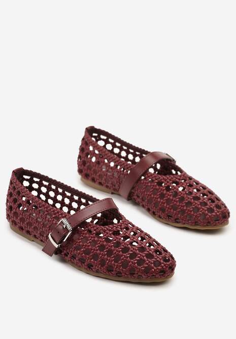 Bordowe Balerinki Ozdobione Paskiem i Plecionką Linalanna