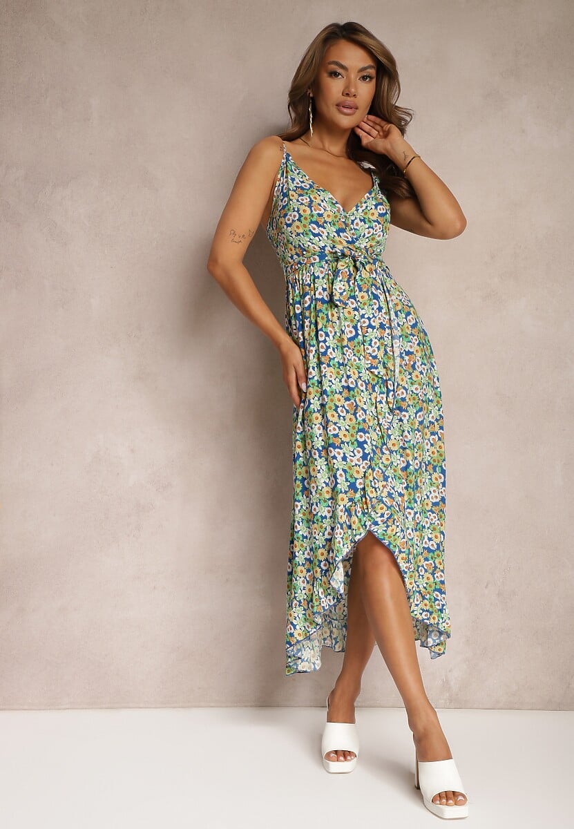 Zielono-Różowa Sukienka z Bawełny na Ramiączkach z Asymetrycznym Rozcięciem i Dekoltem w Serek Milloa