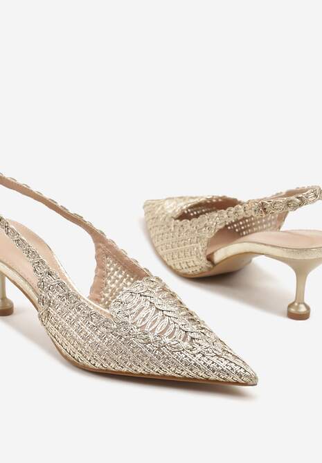 Złote Sandały na Szpilce z Geometrycznym Zdobieniem Typu Slingback Nevonira