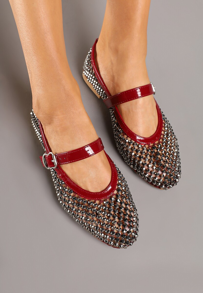 Czerwone Siateczkowe Balerinki z Paskiem z Błyszczącymi Cyrkoniami Lisabia