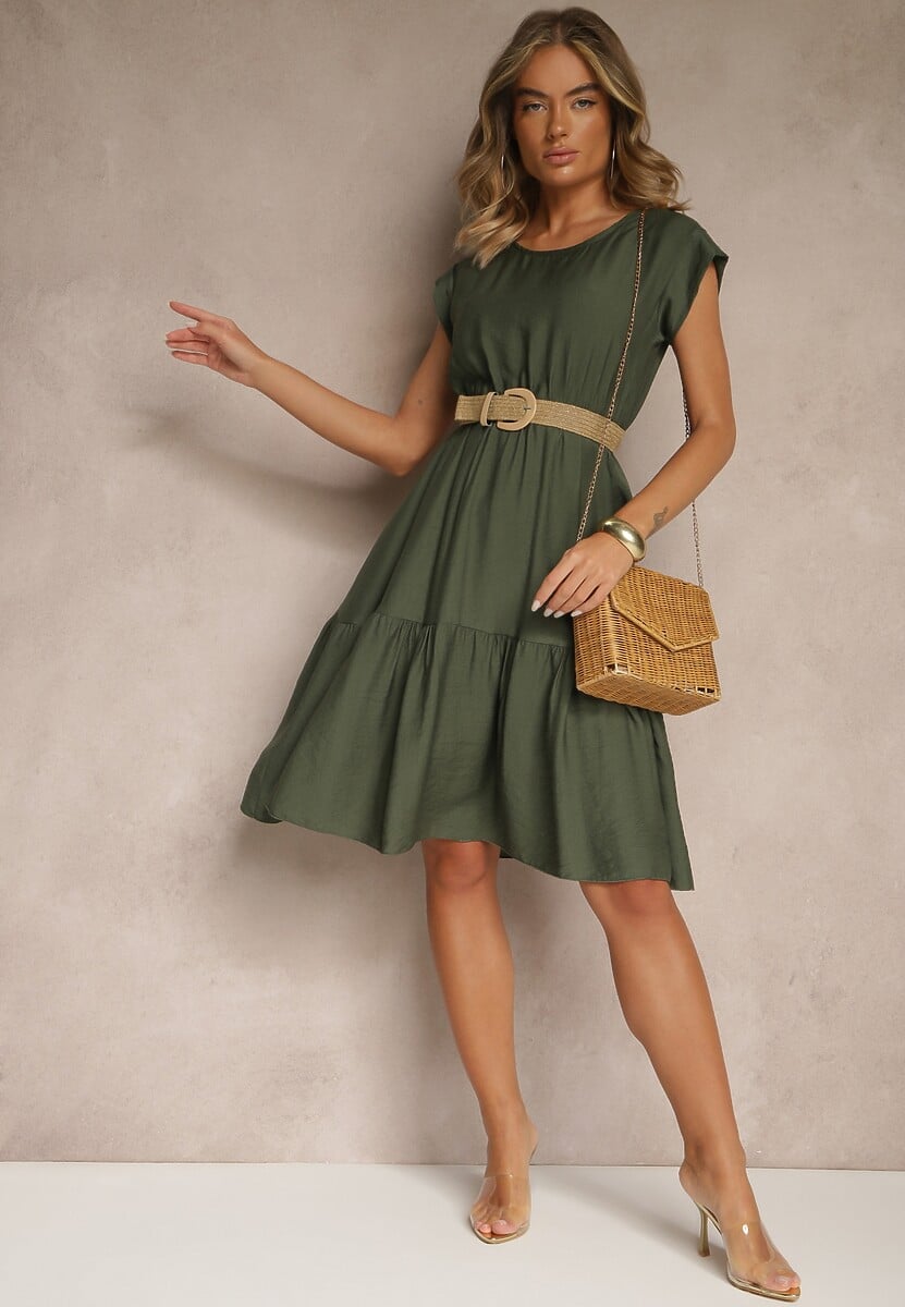 Ciemnozielona Rozkloszowana Sukienka z Wiskozy Linurea