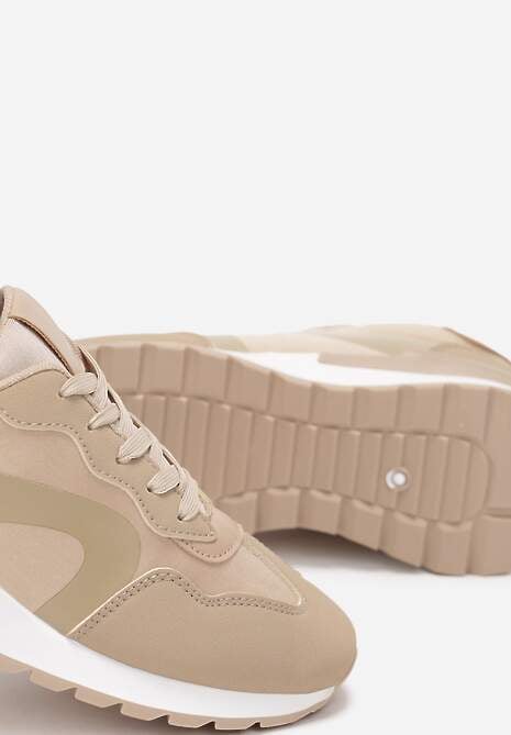 Ciemnobeżowe Sznurowane Sneakersy na Płaskiej Grubej Podeszwie z Przeszyciami Higvale
