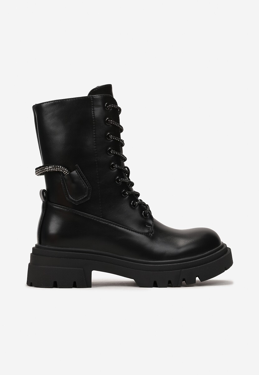 Czarne Sznurowane Botki Workery na Grubej Podeszwie z Paskiem w Cyrkonie Bazzare
