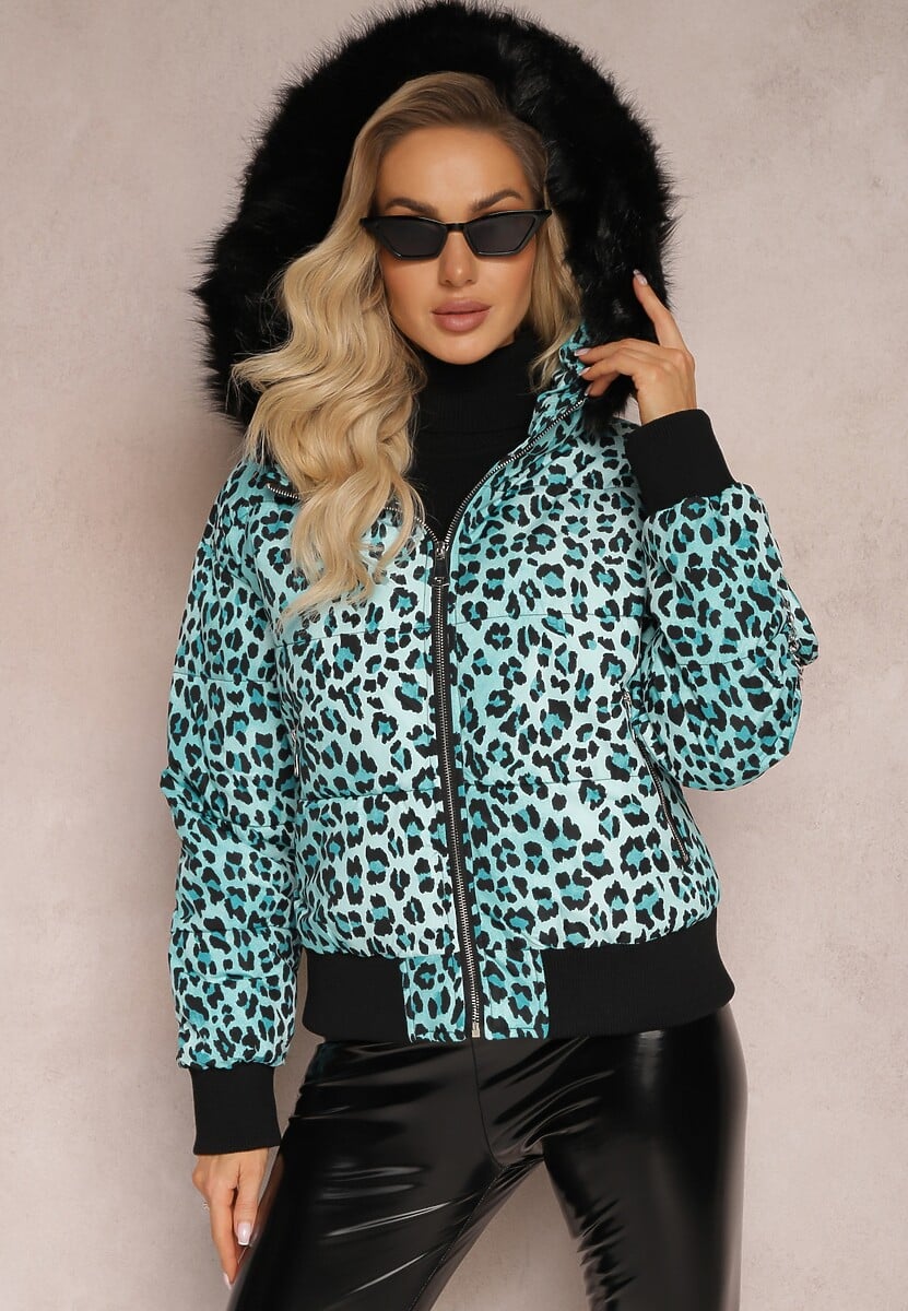 Jasnozielona Pikowana Kurtka w Panterkę z Kapturem i Ozdobną Saszetką Sadeve