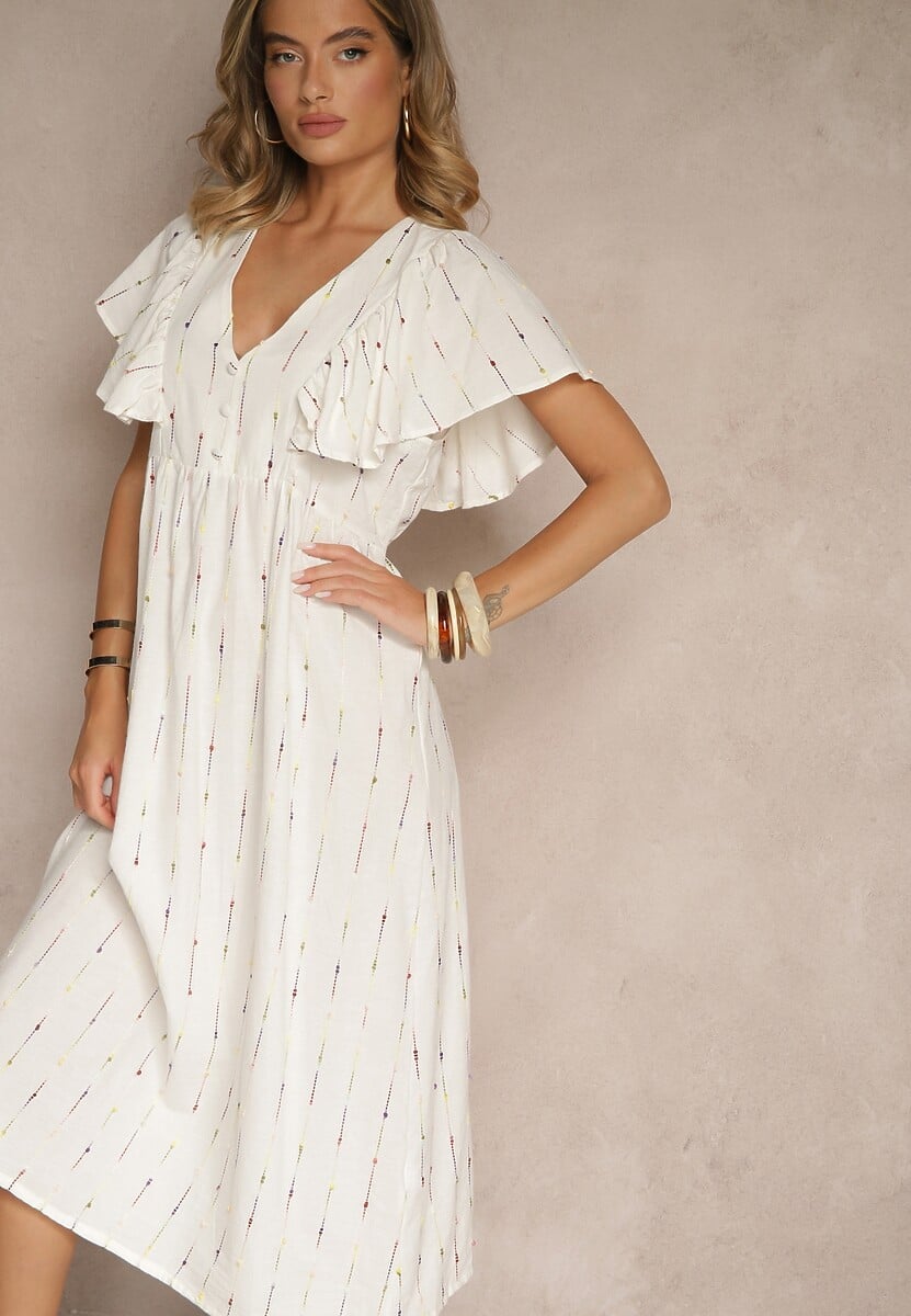 Biała Rozkloszowana Sukienka z Bawełny Zdobiona Falbanami Silonia