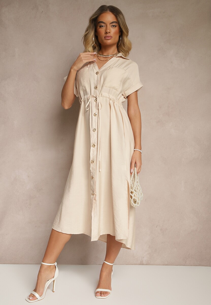 Beżowa Wiskozowa Sukienka Koszulowa z Guzikami i Wiązaniem w Talii Velazia