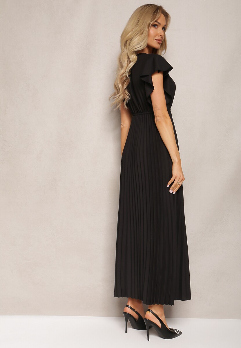 Czarna Rozkloszowana Sukienka z Plisami Maxi z Falbankami przy Ramionach Nethula