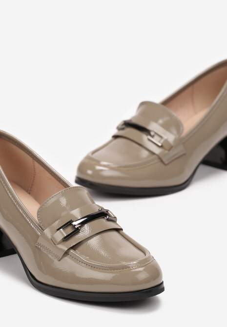 Szare Lakierowane Półbuty na Słupku ze Skórzaną Wkładką Grevna