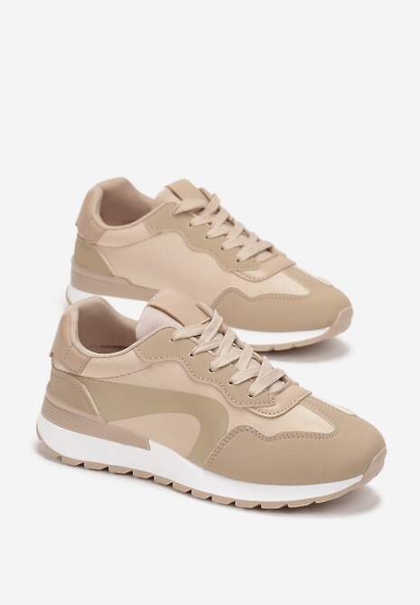 Ciemnobeżowe Sznurowane Sneakersy na Płaskiej Grubej Podeszwie z Przeszyciami Higvale