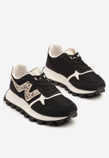 Czarne Sneakersy na Tłoczonej Platformie Zdobione Printem w Cętki Gonalisse